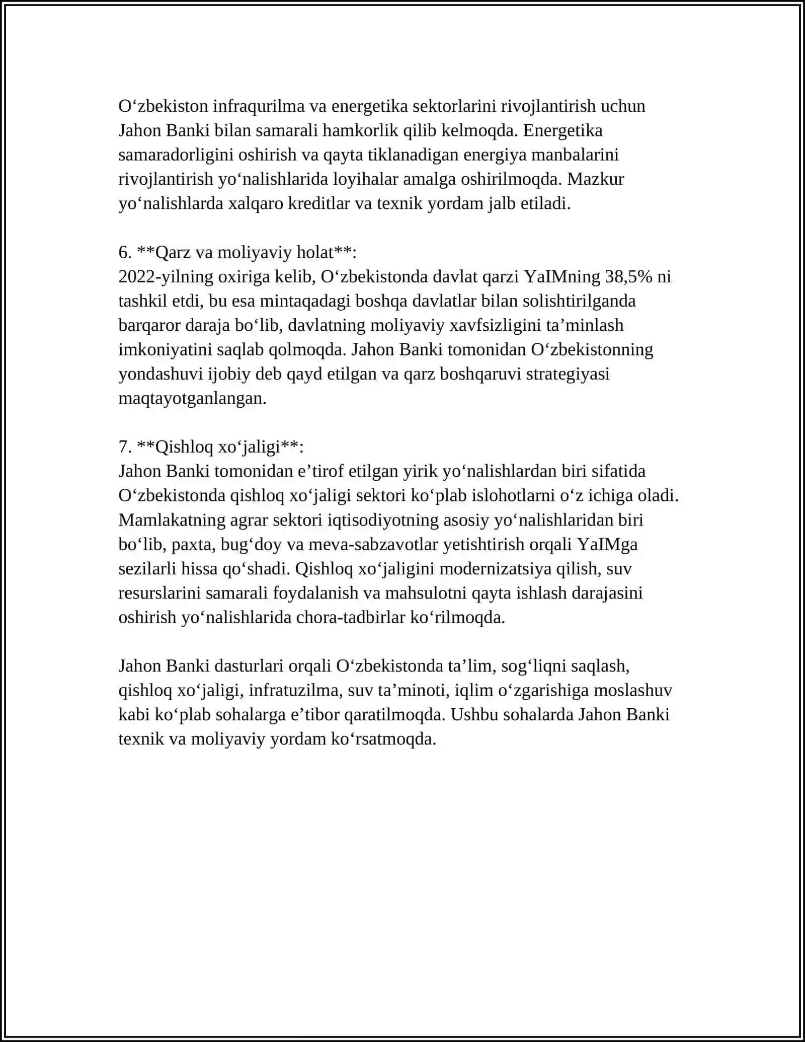 O‘ZBEKISTONNING “JAHON BANKINING STATISTIK SALOHIYAT INDEKSI” DAGI O`RNI 4