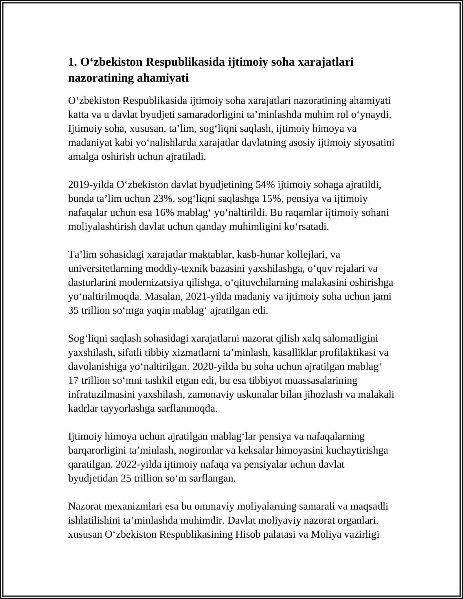 O‘zbekiston Respublikasida Ijtimoiy Soha Xarajatlari To‘lovinining Nazoratini Takomillashtirish 4