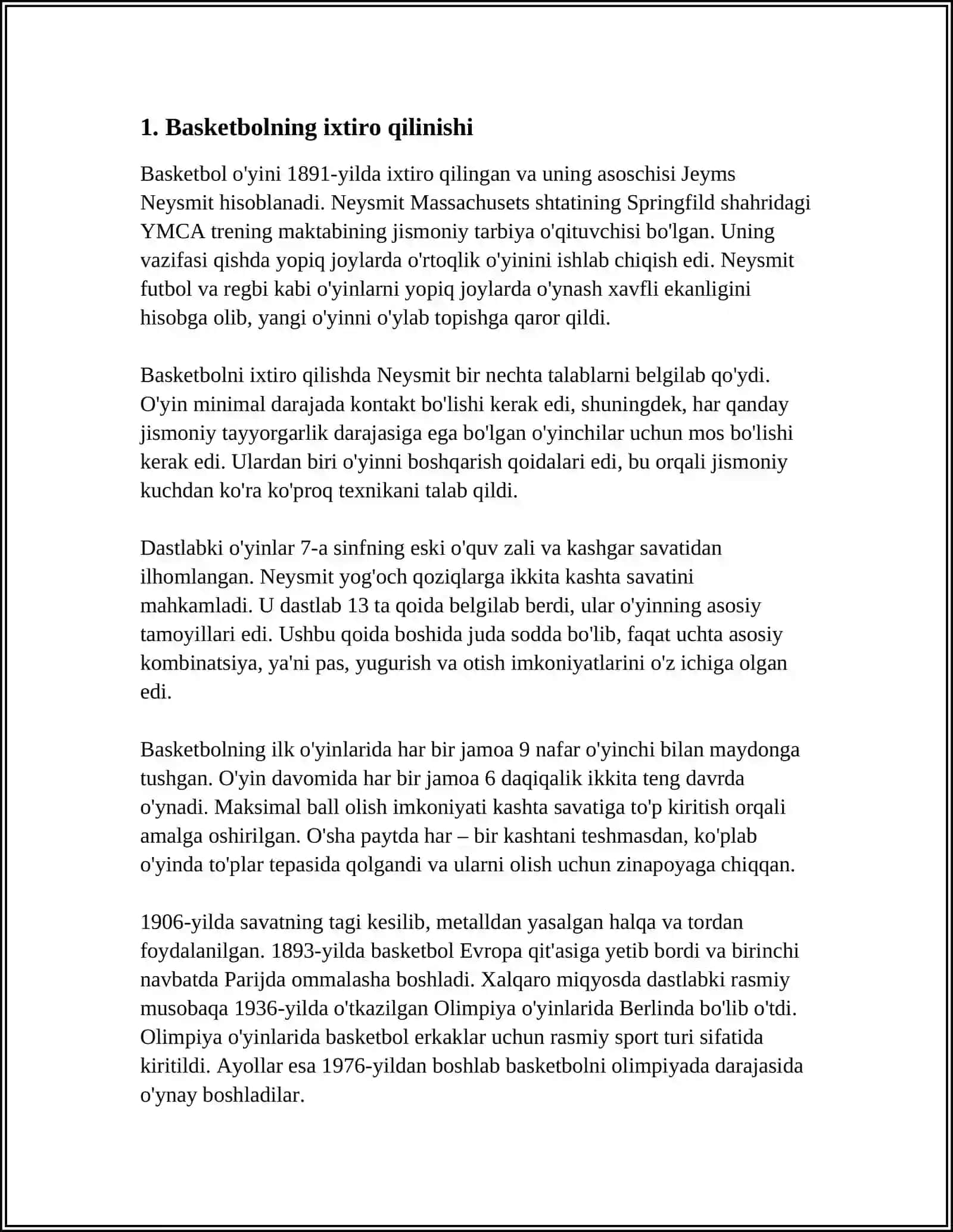 BASKETBOL SPORT TURINING KELIB CHIQISHI VA RIVOJLANISHI, TARIXI 4