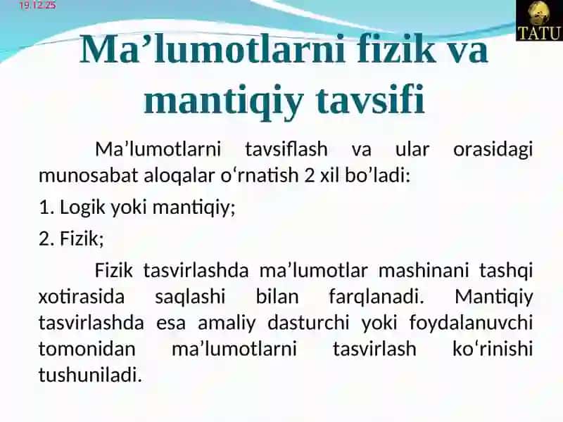 Ma’lumotlar bazasi tizimining arxitekturasi. Uch bosqichli arxitektura. Tashqi bosqich. Konseptual bosqich. Ichki bosqich. 4