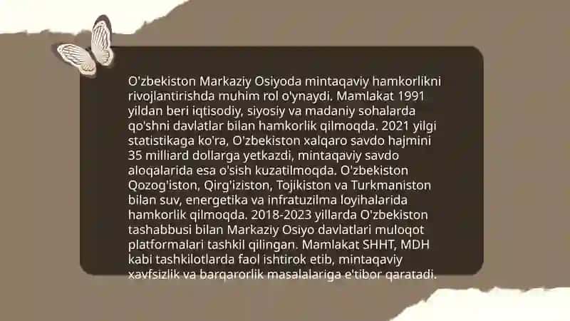 O'zbekistonning Markaziy Osiyoda tinchlik va barqarorlikni ta'minlashdagi o'rni 4
