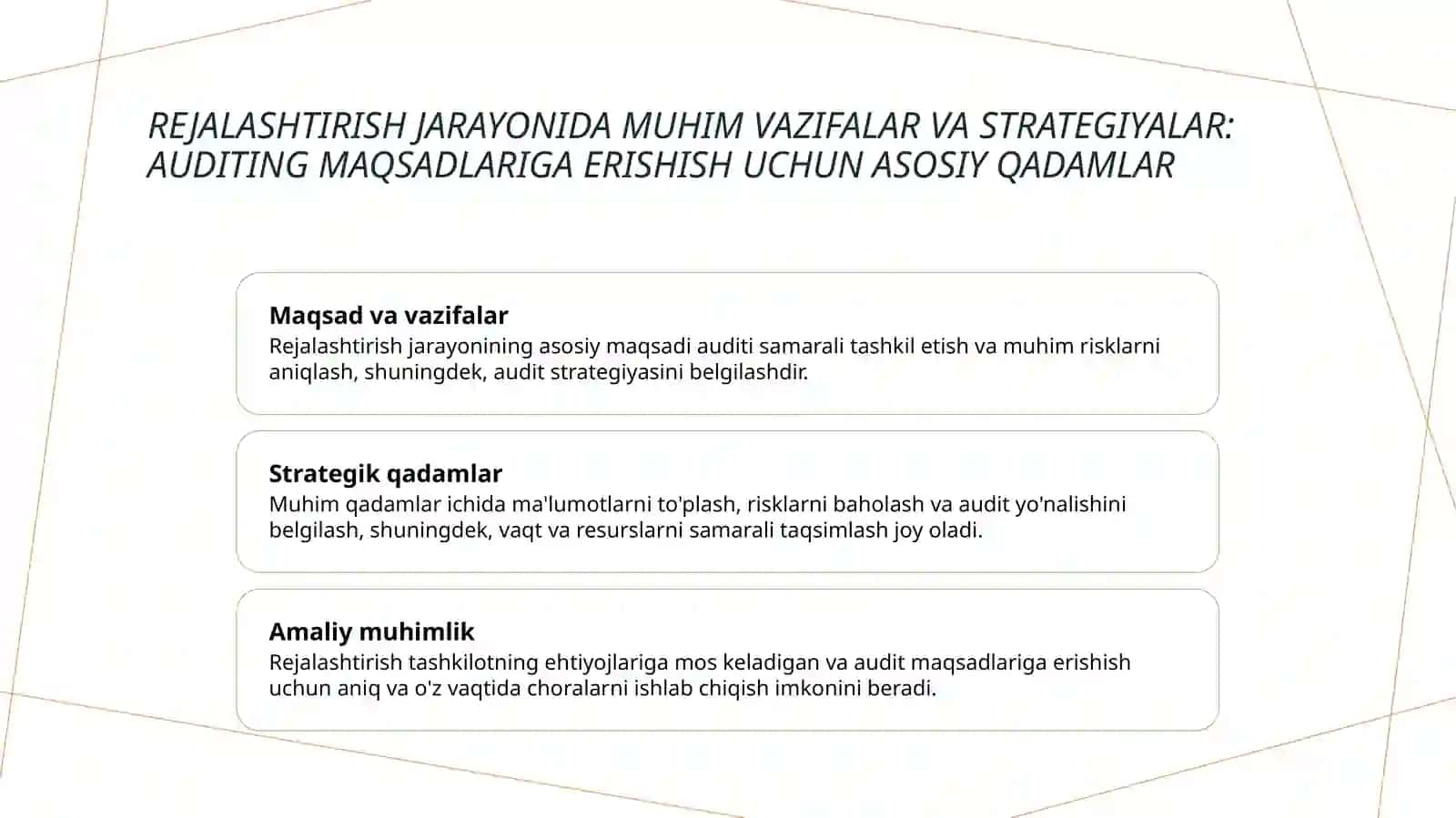 Auditorlik tekshiruvini rejalashtirish maqsadi va vazifalari 4