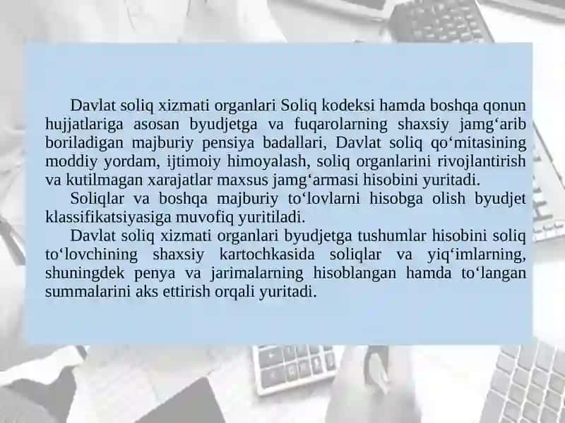 Soliqidoralaridasoliqlar va boshqa majburiy to‘lovlar hisobiniyuritilishi 4