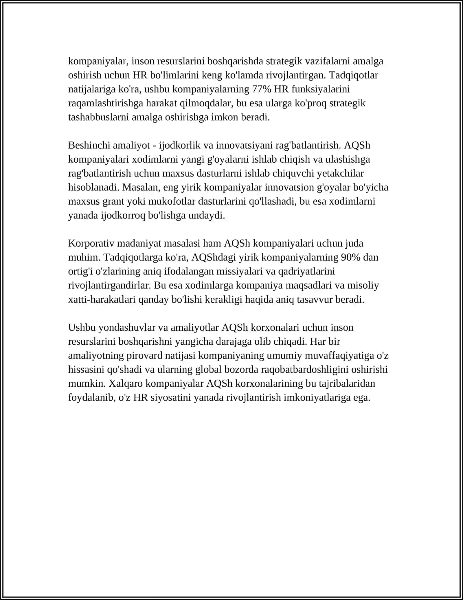 INSON RESURSLARINI BOSHQARISHNING XORIJIY TAJRIBALARI VA UNDAN OʻZBEKISTONDA IJODIY FOYDALANISH IMKONIYATLARI. (XORIJIY KORXONA MISOLIDA) 4
