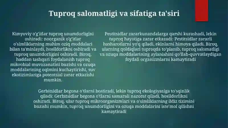Kimyoviy OʻGitlar, Pestitsidlar Va Boshqa Zararli Kimyoviy Moddalardan Foydalanish 4