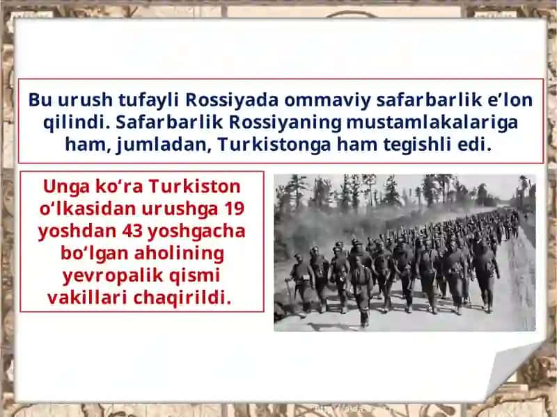 Birinchi jahon urushi yillarida Turkiston o‘lkasida ijtimoiy-iqtisodiy va siyosiy hayot. Turkiston o‘lkasida 1916-yilgi milliy-ozodlik harakatlari. Turkiston o‘lkasida jadidchilik harakati. 4