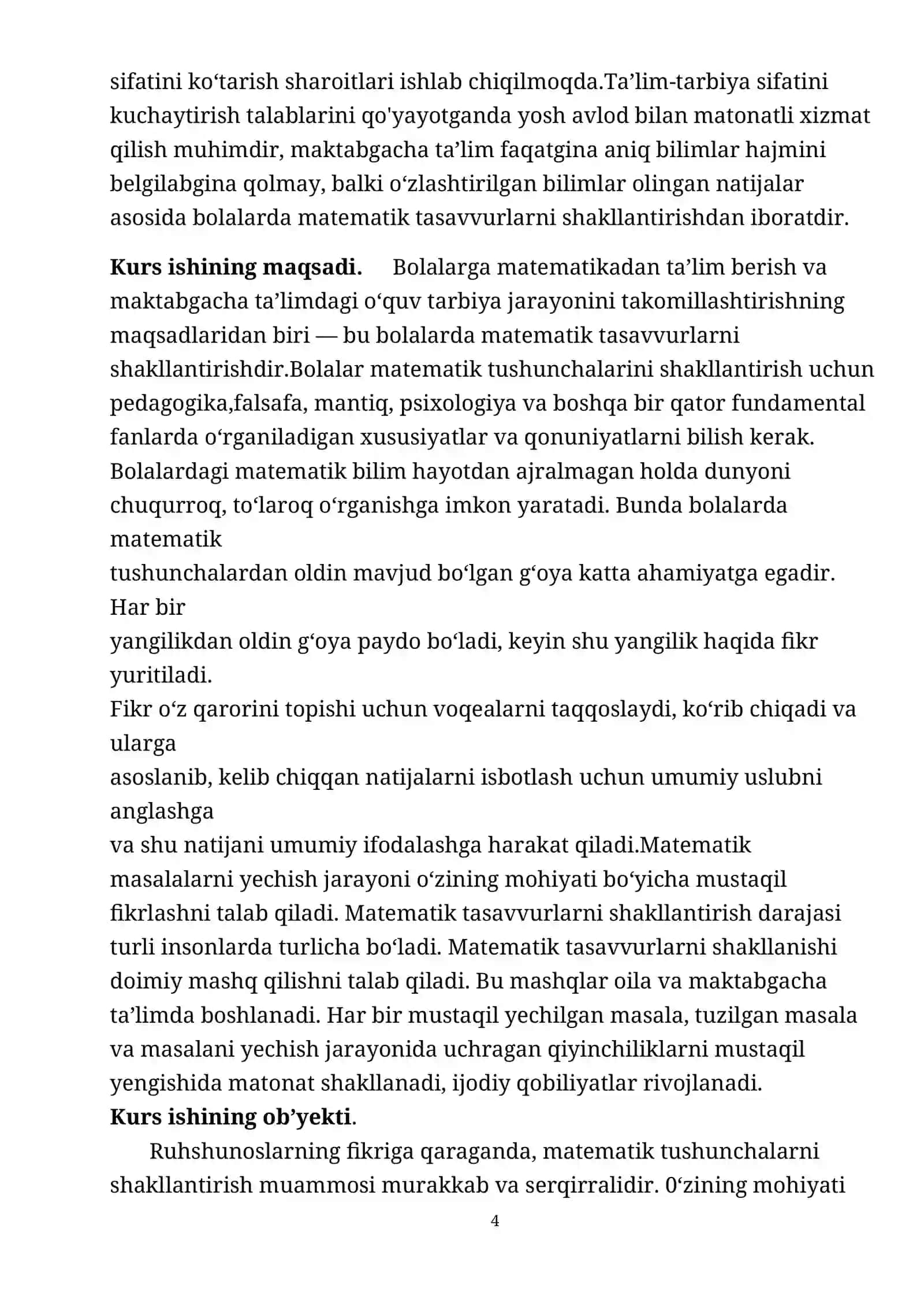 Kirish. Maktabgacha ta’lim tashkilotlarida matematik tasavvurlarni shakllantirish yuzasidan metodik ishlarning mazmuni 4