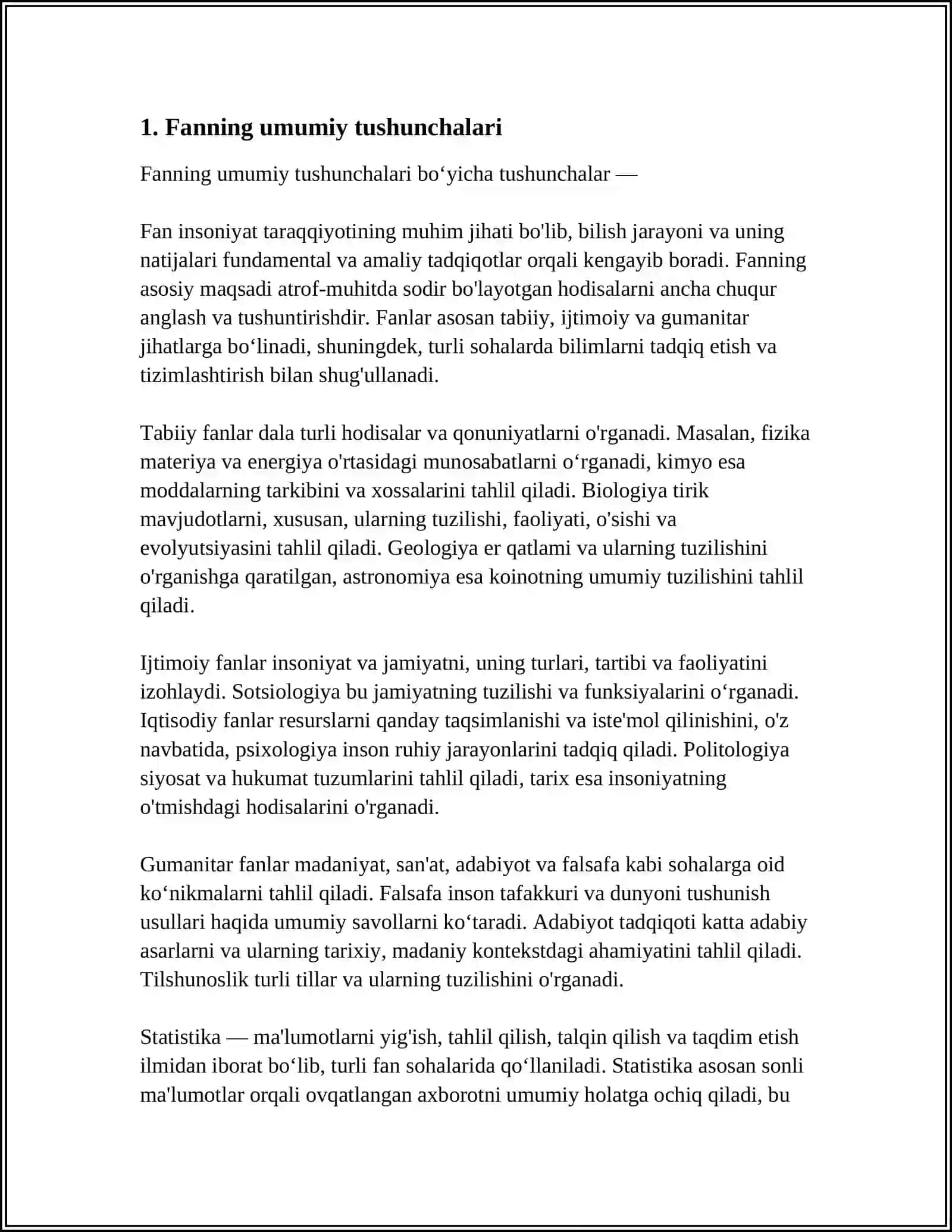 FANNING UMUMIY TAMOYILLARI, QONUNIYATLARI, NAZARIYALARI HAQIDA TASAVVURGA EGA BOʻLISH 4