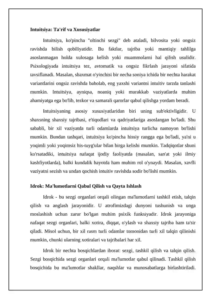Sezgi va idrok psixik jaroyonlarnig boshlang'ich holati ekanligi 4
