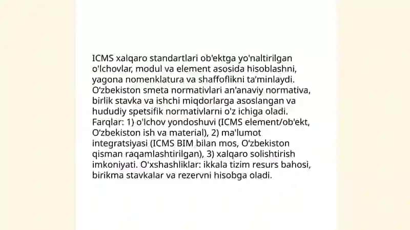 Smeta normalar bazasini takomillashtirish istiqbollari: xalqaro ICMS standartlari moslashuvi 4