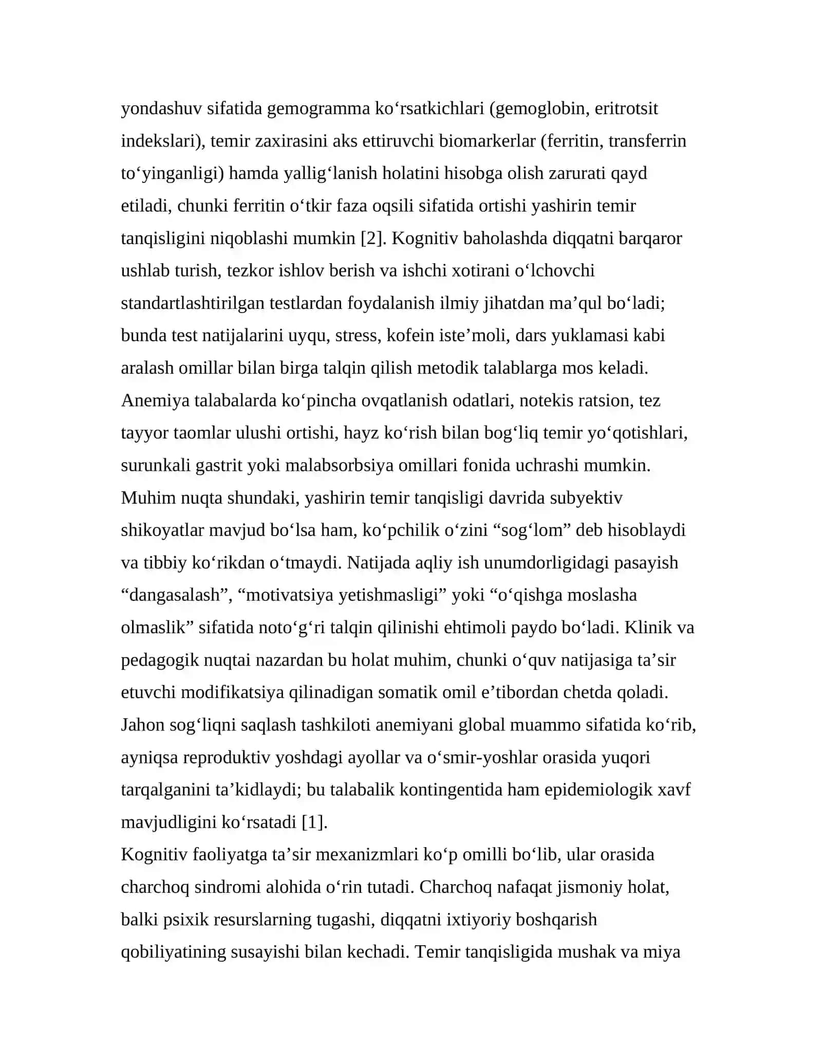 Kamqonlikning (anemiya) talabalarning intellektual ish qobiliyatiga ta’siri: yashirin anemiya va kognitiv faoliyat o‘rtasidagi bog‘liqlik 4