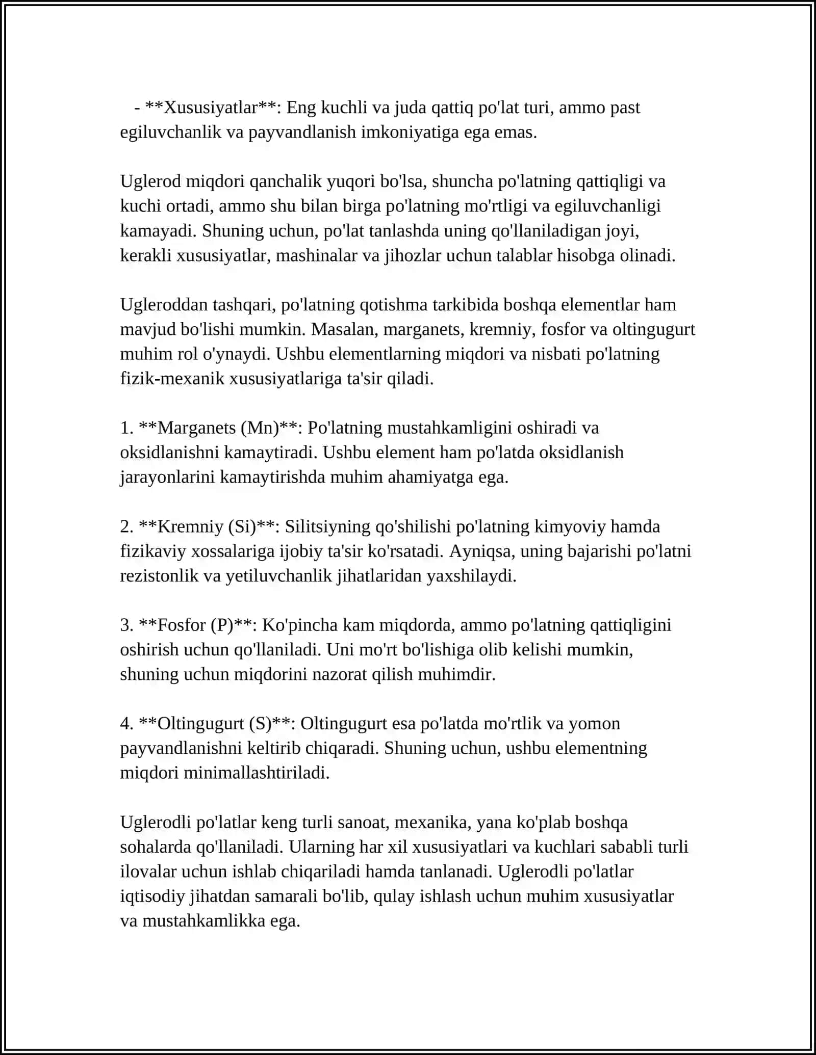 UGLERODLI ASBOBSOZLIK POʻLATLARI TEZKESAR POʻLATLAR QATTIQ QOTISHMALAR, CHOʻYANLAR 4