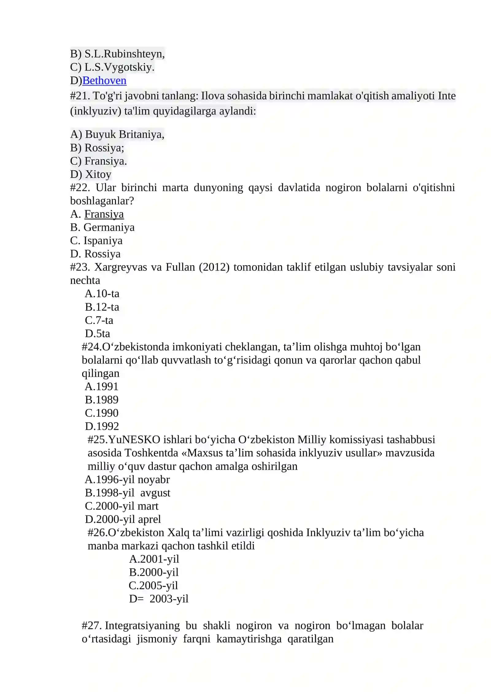 Inklyuziv ta’lim fanidan Milliy G’oya va ma’naviyat asoslari sirtqi talabalari uchun yakuniy testlar 4
