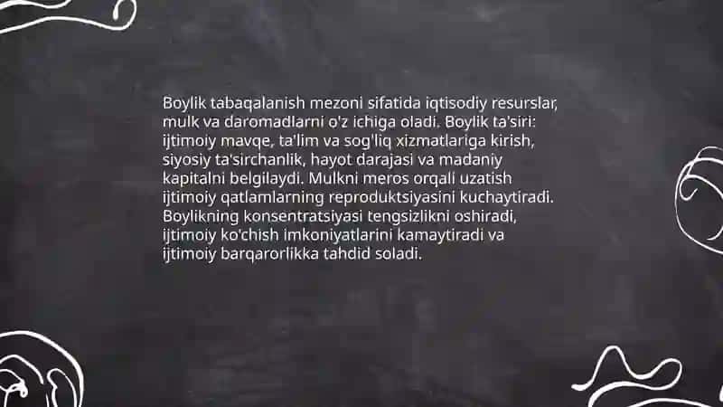 Ijtimoiy stratifikatsiya. Tabaqalanish mezonlari ( boylik, hokimiyat, taʼlim va maqom) by Allamurod Turayev 4