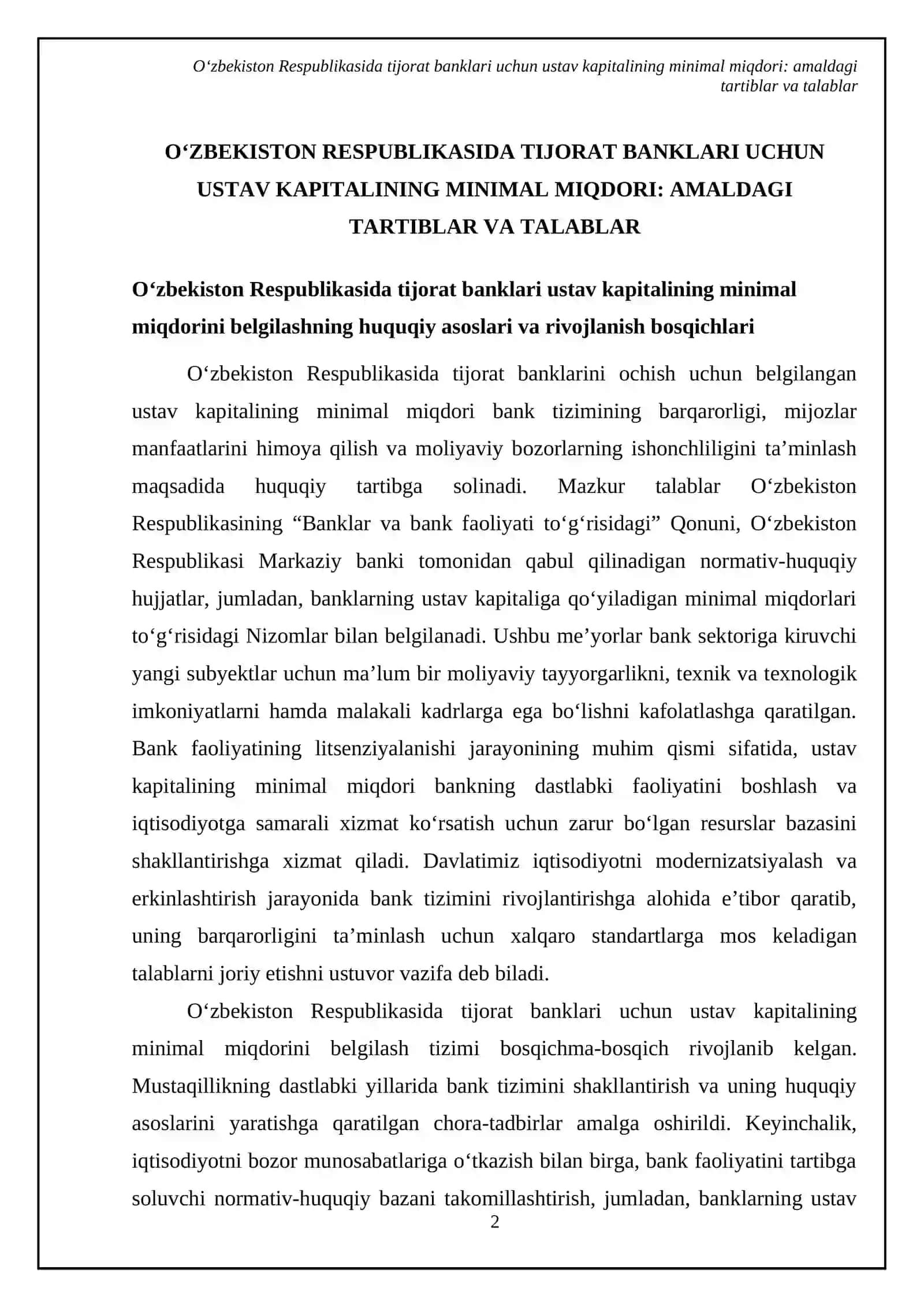 Tijorat banklarini ochish uchun ustav kapitalining minimal miqdori talablar boʻyicha mahalliy horijiy amaliyot, qiyosiy tahlili 4