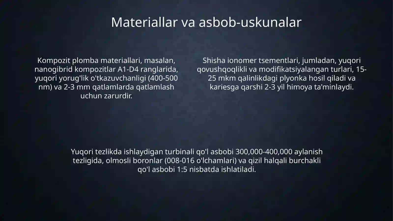 Fantomlarda VI sinf karioz bo'shliqlarini charxlash va plombalash 4