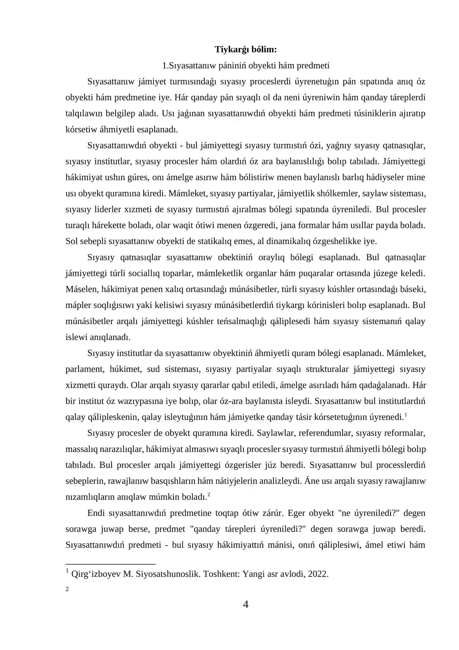 Sıyasattanıwǵa kiriw pániniń obyekti, maqseti hám wazıypaları 4