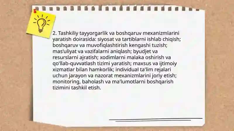 Umum Taʼlim Yashkilotlarida Alohida yordamga muhtoj bolalar uchun integratsiyalashgan taʼlimni amalga oshirishning asosiy bosqichlari 4