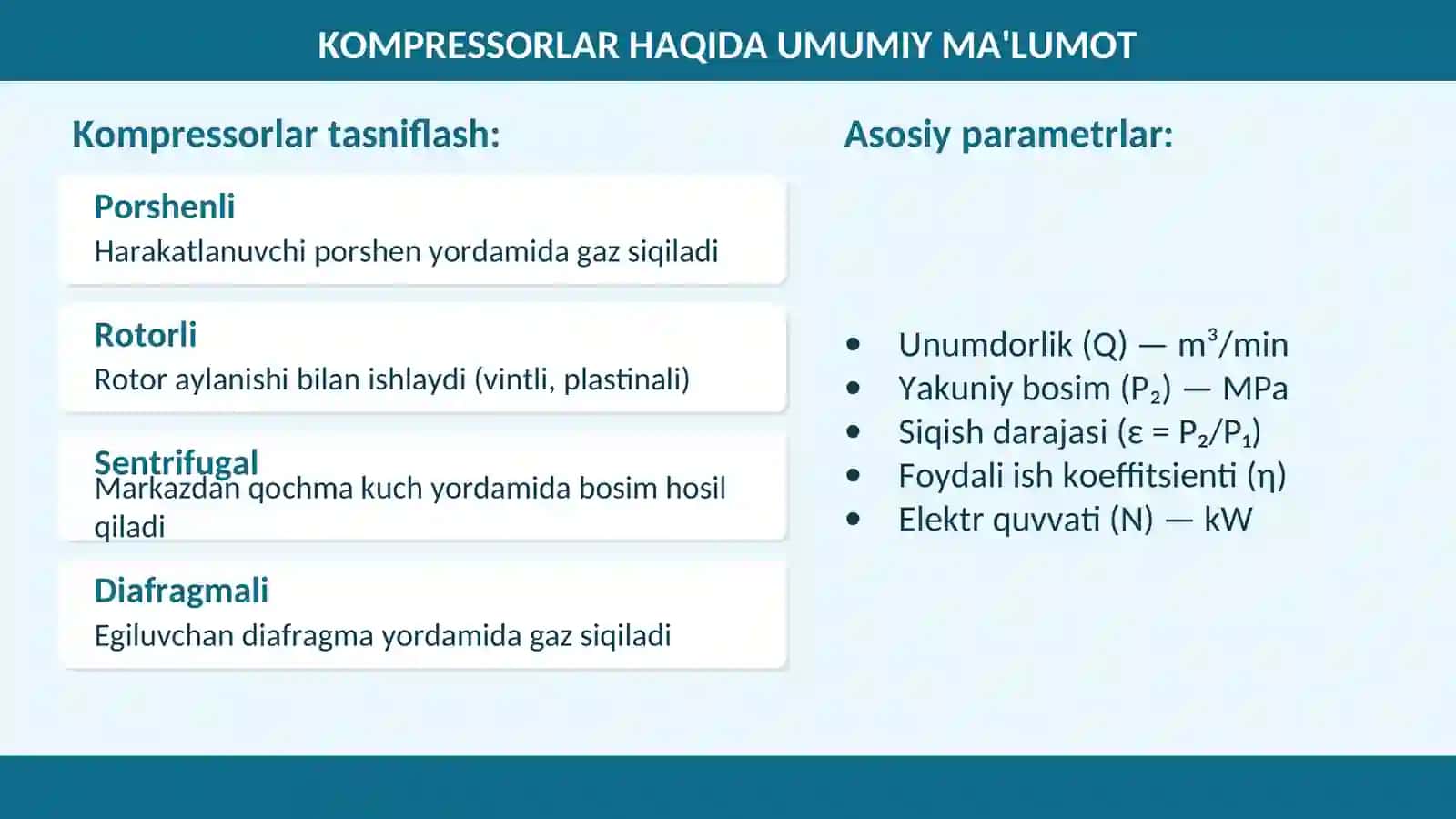 Kompressorlar. Oddiy harakatli porshenli kompressorning quvvati. Kompressorning turi va sonini tanlash. 4