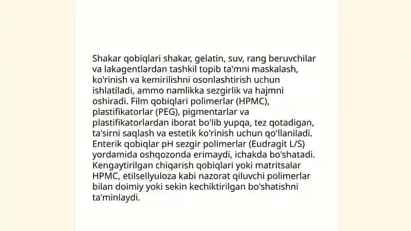 Qobiqli tabletkalar nomenklaturasi va qobiq tarkiblari 4