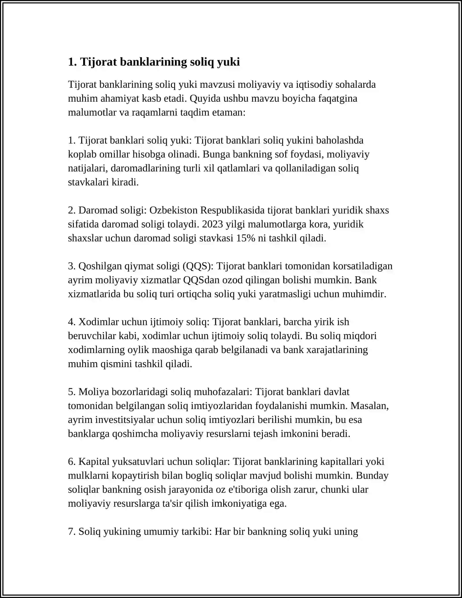 TIJORAT BANKLARINI SOLIQQA TORTISHNI OZIGA XOS XUSUSIYATLARI 4