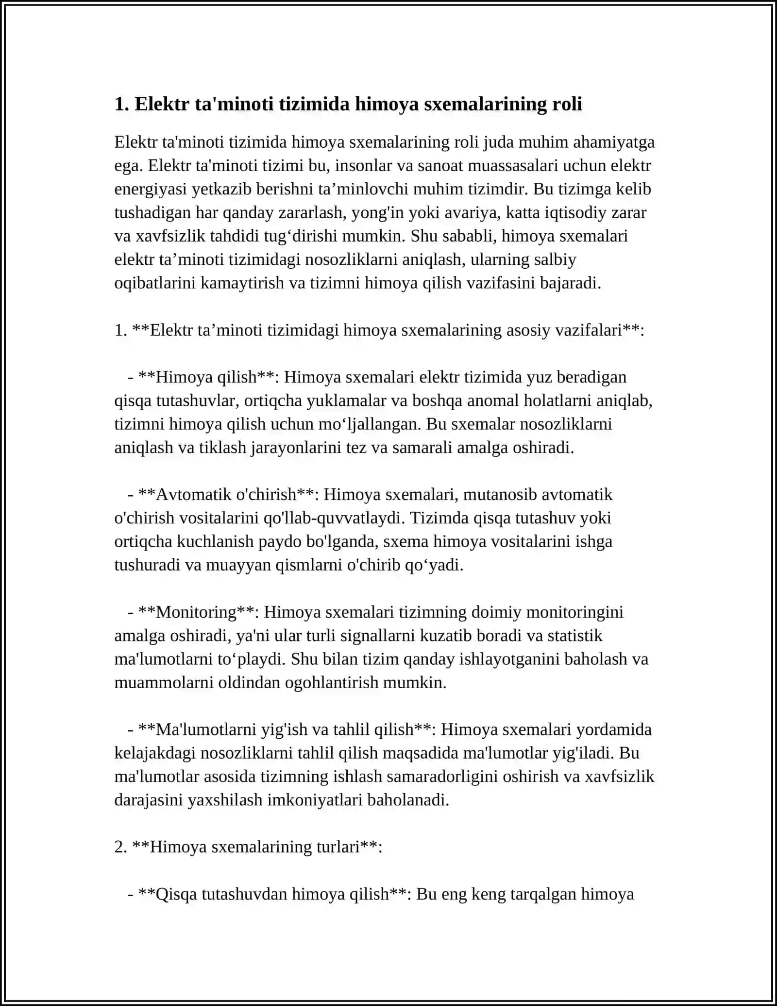 ELEKTR TA'MINOTI TIZIMIDA HIMOYA SXEMALARINING O'ZGARISHI VA ULARNING ELEKTR ENERGIYASI ISTE'MOLIGA TA'SIRI 4