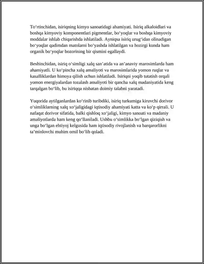 Isiriq turkumi dorivor o'simliklarning xalq xo'jaligidagi ahmiyat 4