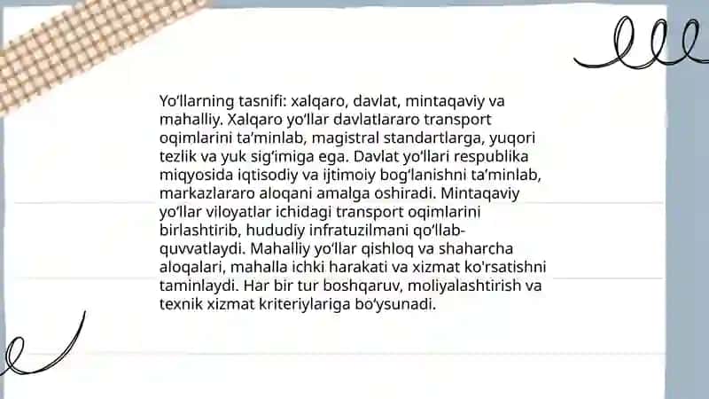 Avtomobil yoʻllari haqida umumiy tushunchalar 4