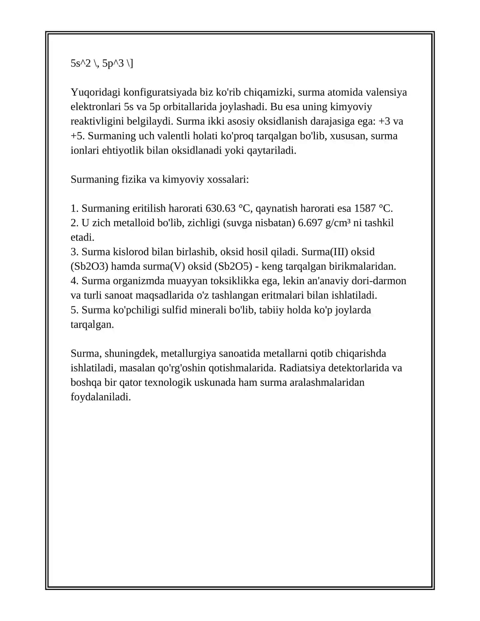 SN NING ELEKTRON FORMULASI, TABIATDA UCHRASHI, OLINISHI, FIZIK, KIMYOVIY XOSSALARI. BU ELEMENTNING VODOROD, KISLOROD, METALLAR, METALLOIDLAR BILAN XOSIL QILGAN BIRIKMALARINI OLINISHI, XOSSALARI. TUZLARI, KISLOTALARI VA ULARNING GIDROLIZI. BIRIKMALARINING AHAMIYATI 4