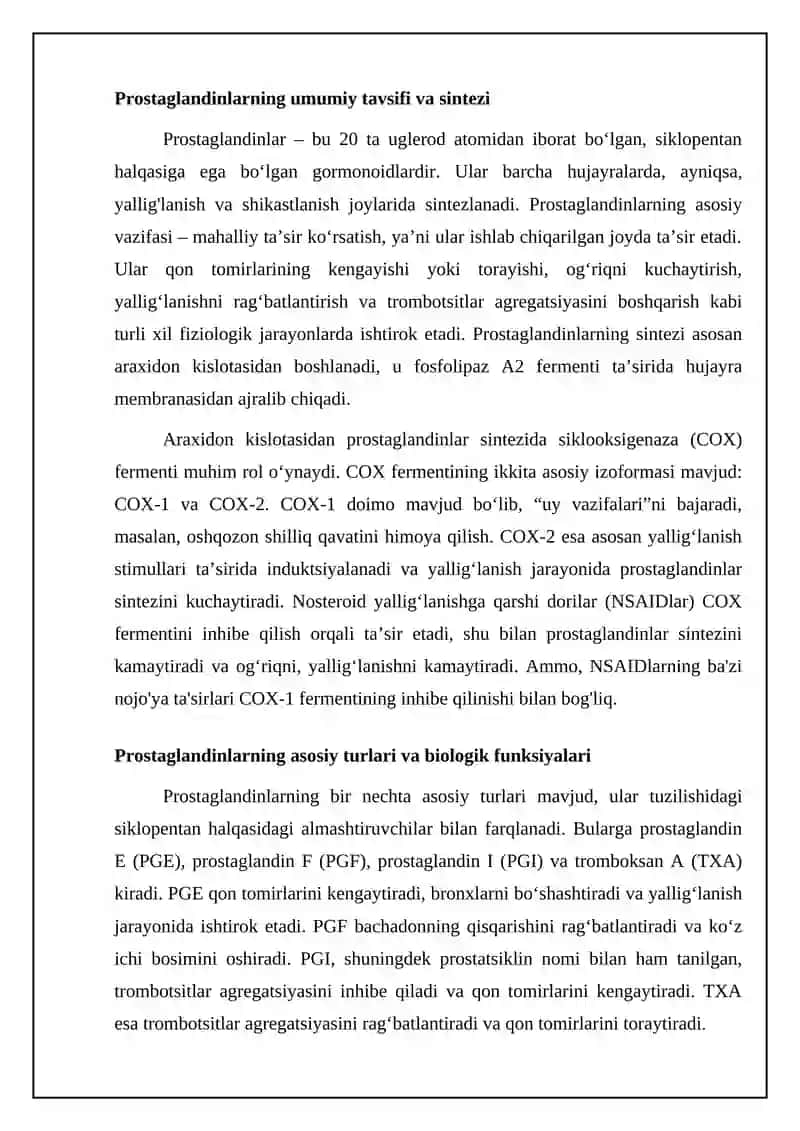 Gormonoidlar: Prostaglandinlar va ularning biologik ahamiyati va samatastatin haqida 4