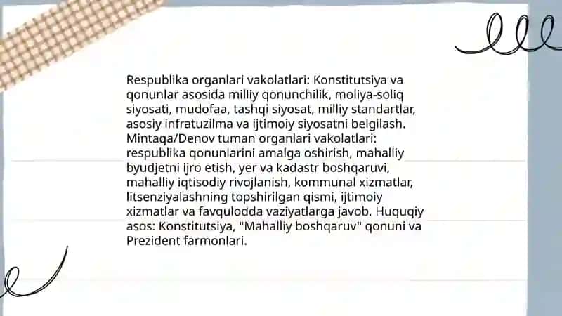 O'zbekistonning respublika, mintaqa va mahalliy boshqaruv organlari o'rtasidagi vakolatlarni taqsimlash mexanizmi 4