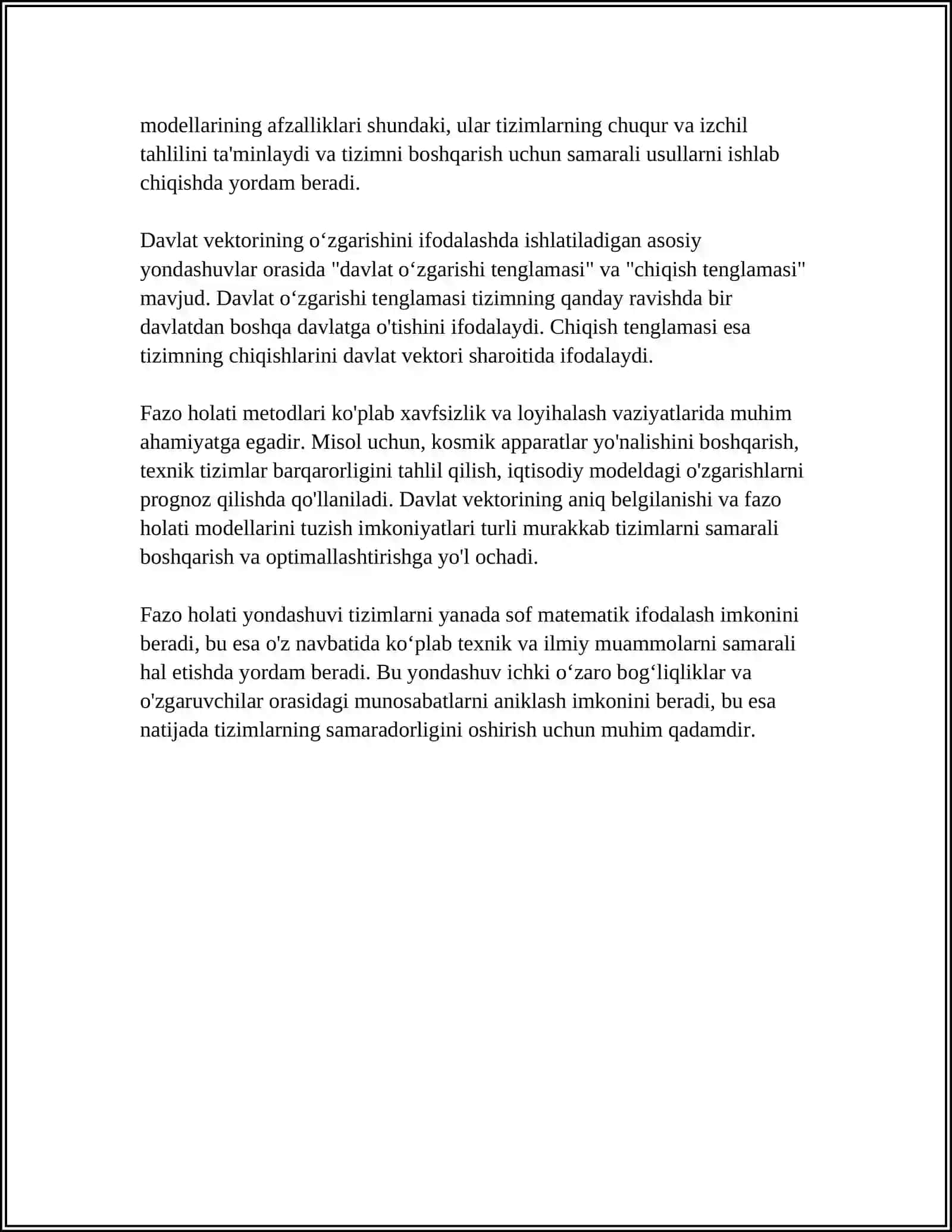 FAZO HOLATI USULIDA TIZIMLARNI TASVIRLASH VA MODELLASHTIRISH 4