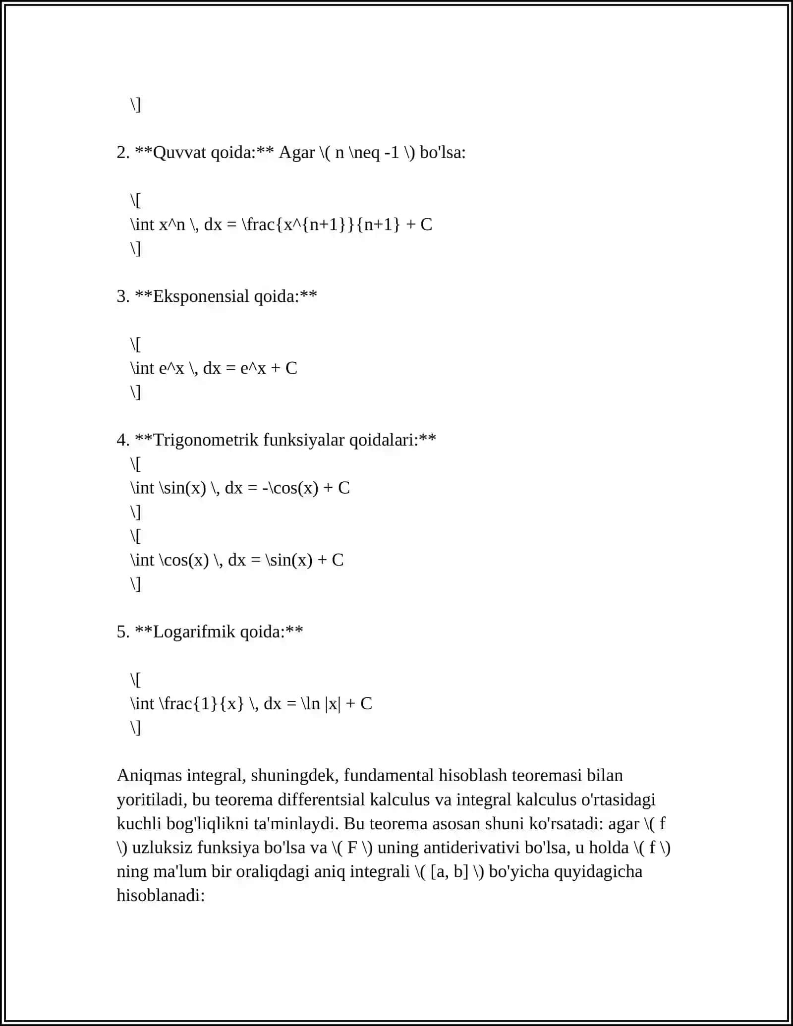 MUSTAQIL ISH MAVZUSI: ANIQMAS INTEGRAL VA INTEGRALLASH METODLARI 4