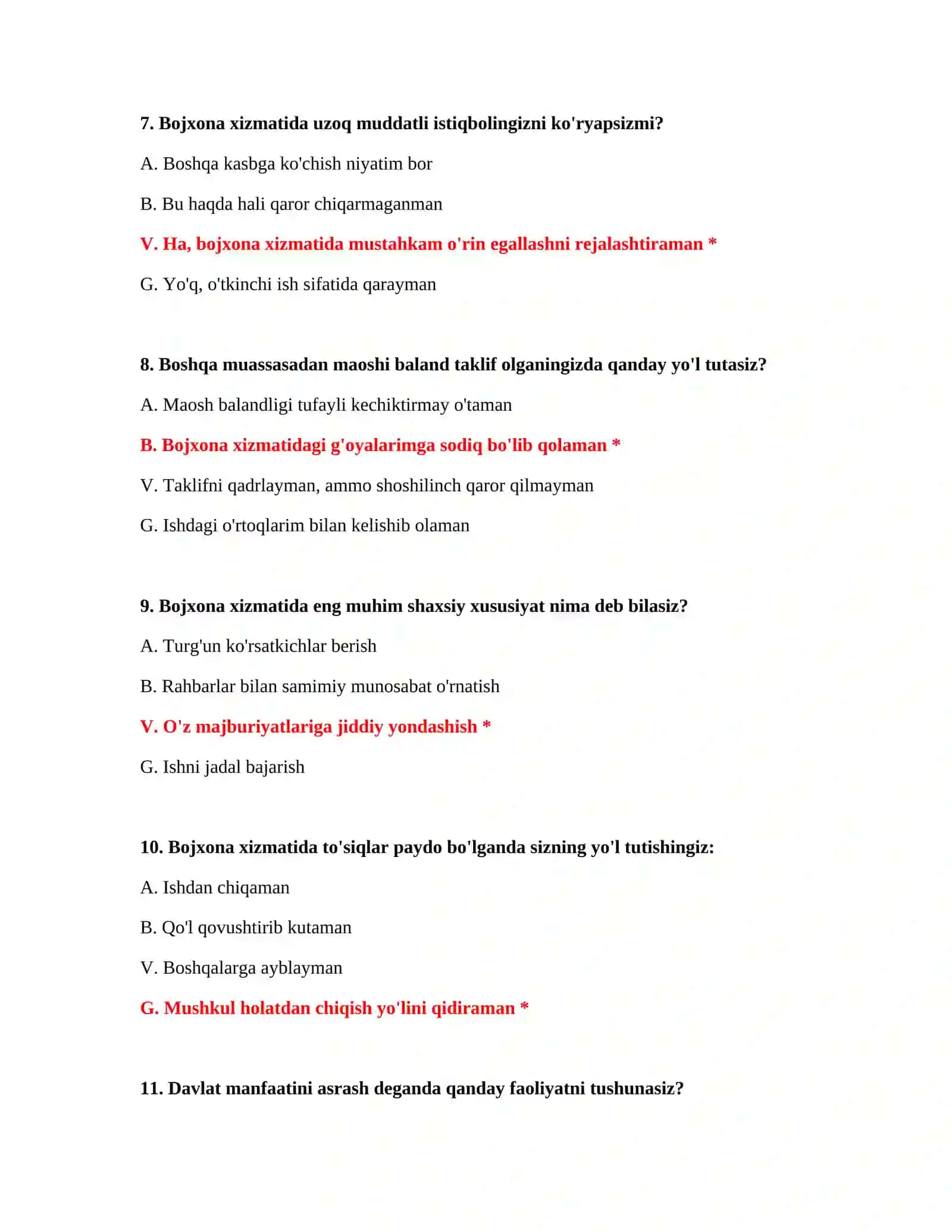 Bojxona Xizmatida Ishga Qabul Sinovi - Psixotest Savollari 4