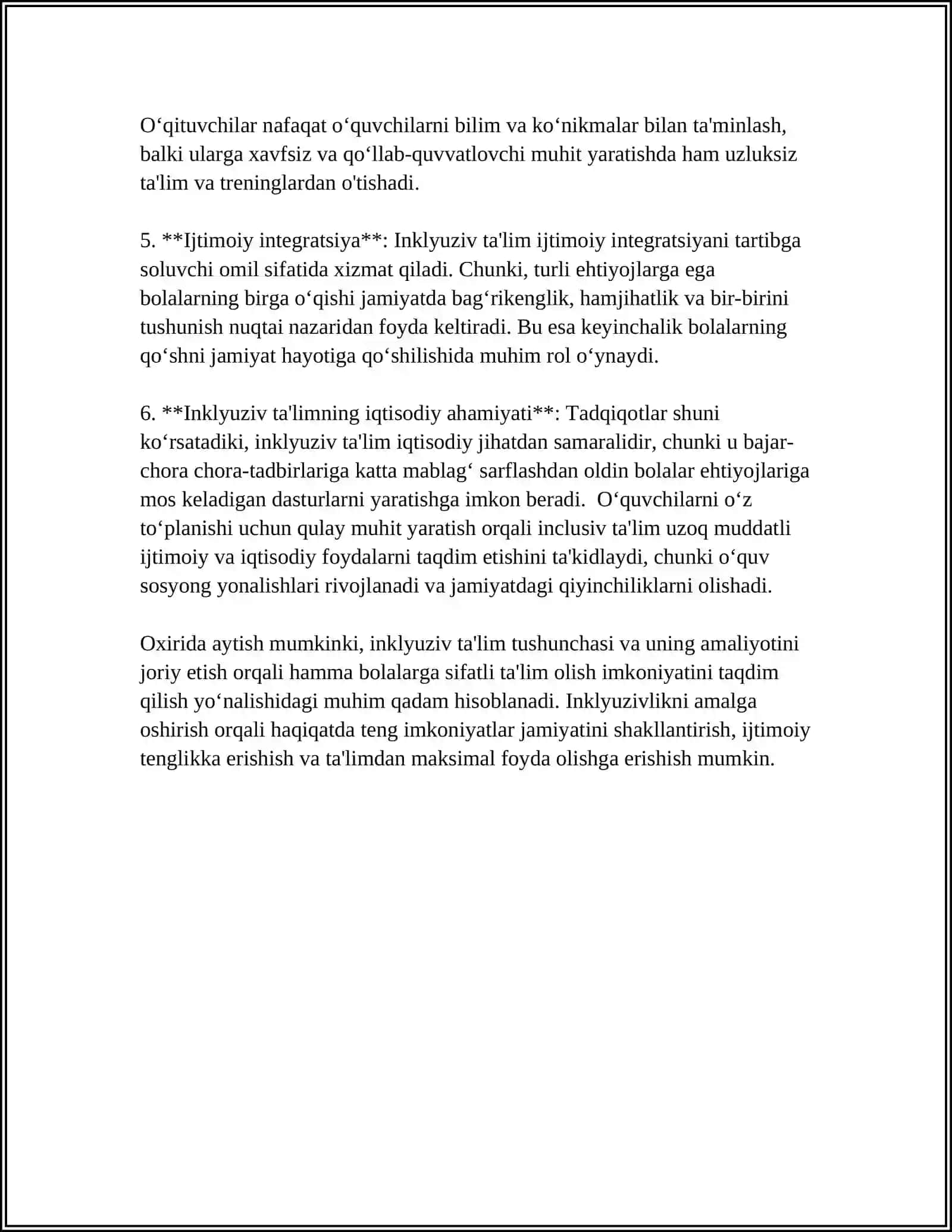 MUSTAQIL ISH Mavzu: PEDAGOGIK OʻQUV ADABIYOTLARI VOSITASIDA INKLYUZIV TAʼLIMDA MUHTOJ OʻQUVCHILAR BILAN ISHLASH ASOSLARINI OʻRGANING 4