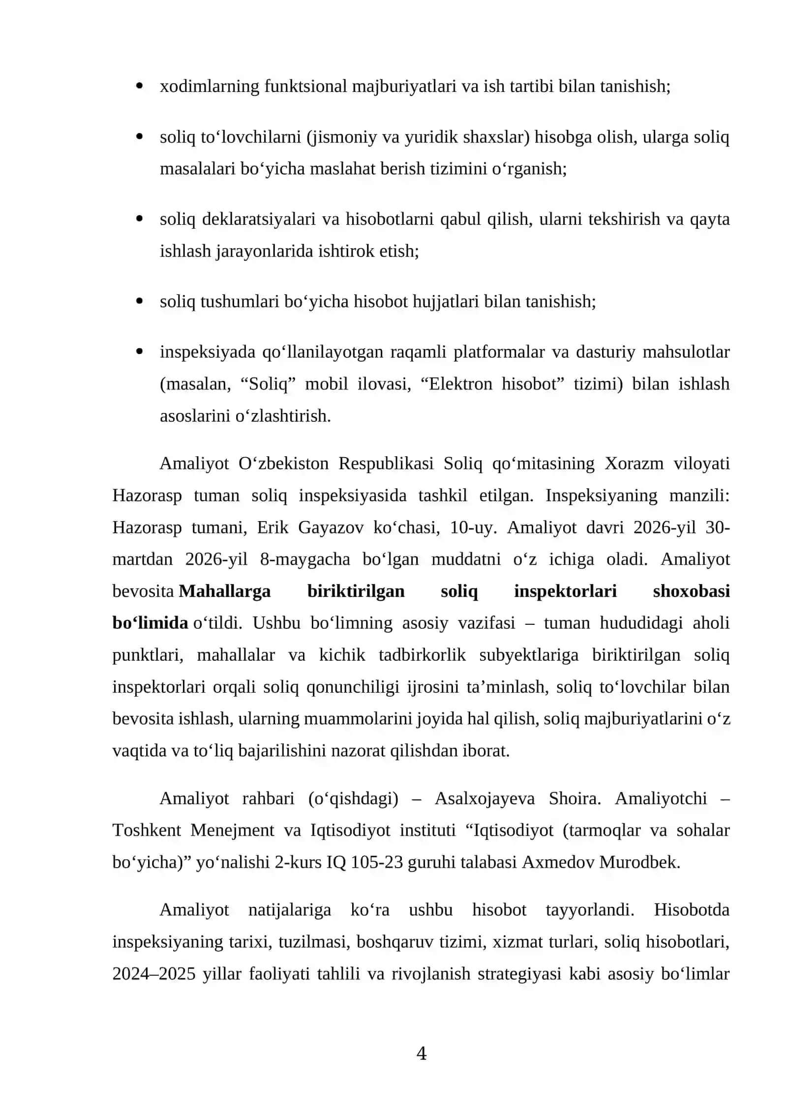 Hazorasp tumani soliq inspeksiyasi Amaliyot Hisobot 4
