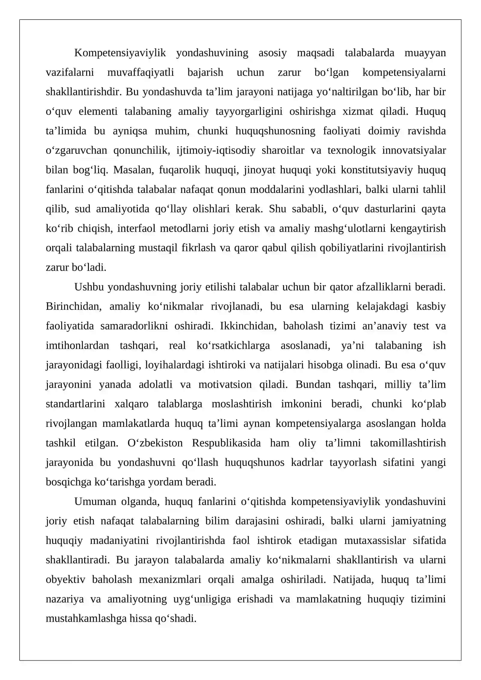 Huquq fanlarini o‘qitishda kompetensiyaviylik yondashuvini joriy etish, talabalarda 4