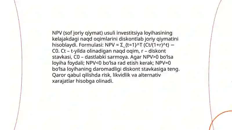 Investitsiya loyihalari va biznesning tarkibi boʻyicha qarorlarni qabul qilish 4