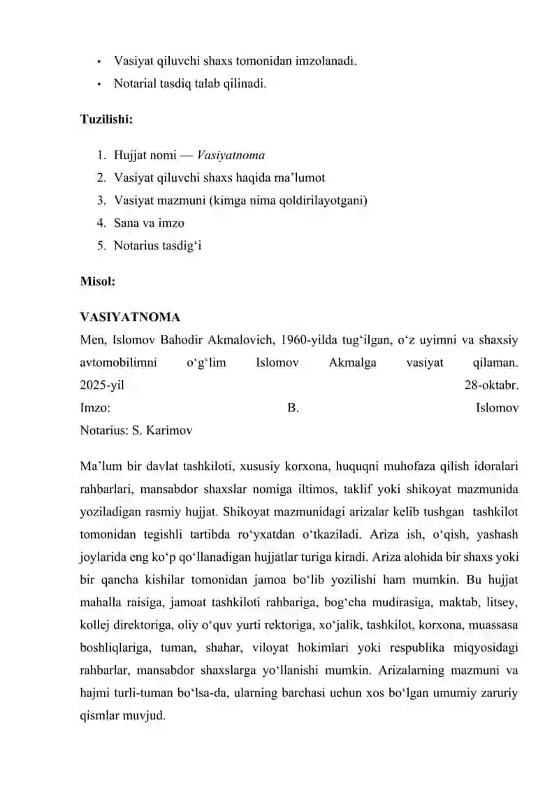 BILDIRISHNOMA, DALOLATNOMA, VASIYATNOMA 4