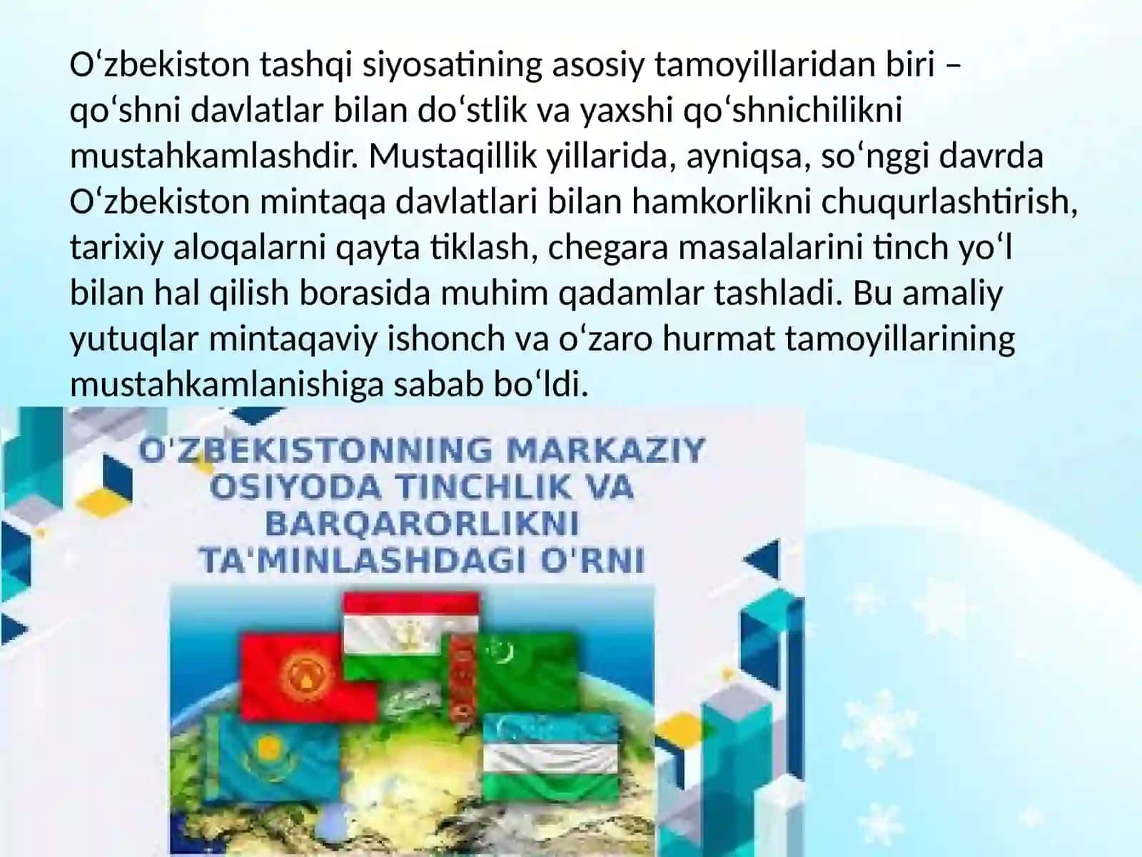 O’zbekistonning Markaziy Osiyodagi tinchlik va barqarorlikni ta’minlashda g‘orurlik 4