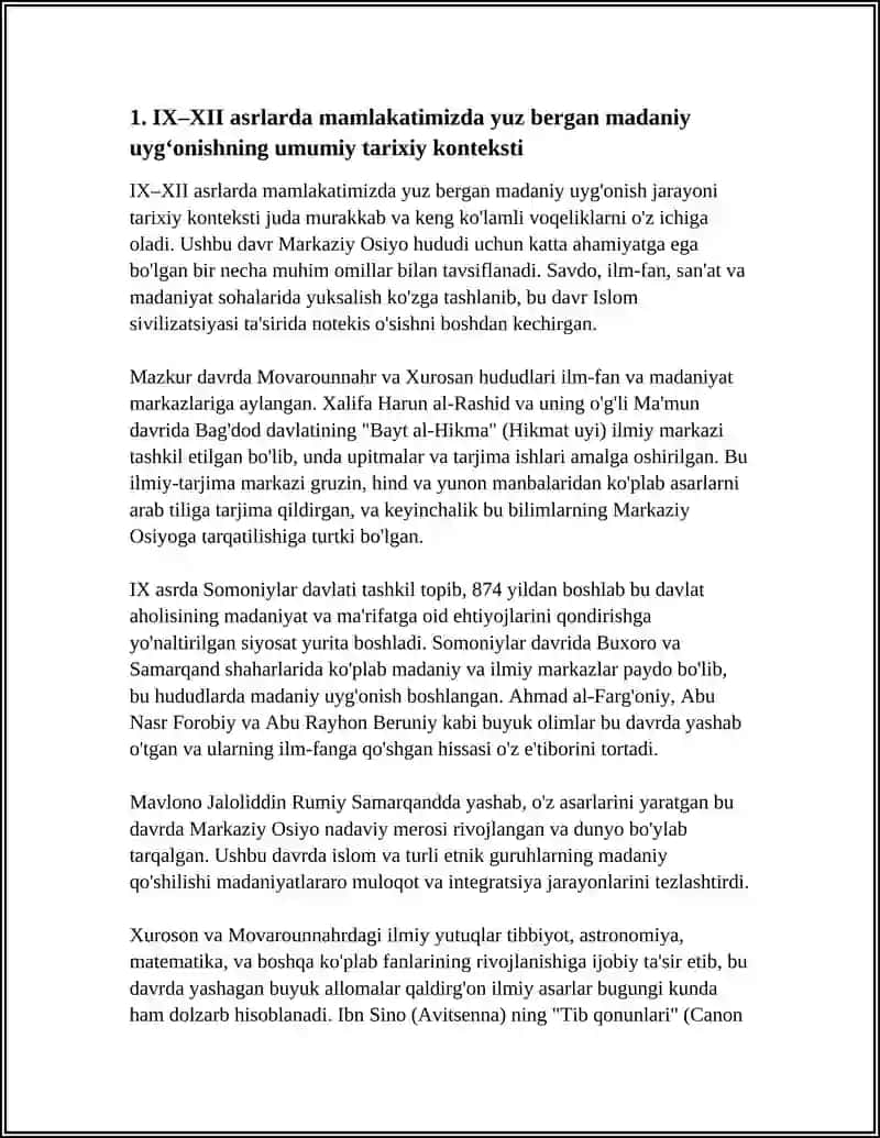 9.12ASRLARDA MAMLAKATIMIZDA RÖY BERGAN MADANIY UYĞONISH RENISSANS BUYUK ALLOMALARNING JAHON SIVILIZATSIYASIGA QÖSHGAN HISSASI MAVZUDA MUSTAQIL ISH TUZIB BER 40VARAQLI REJASI BILAN 4