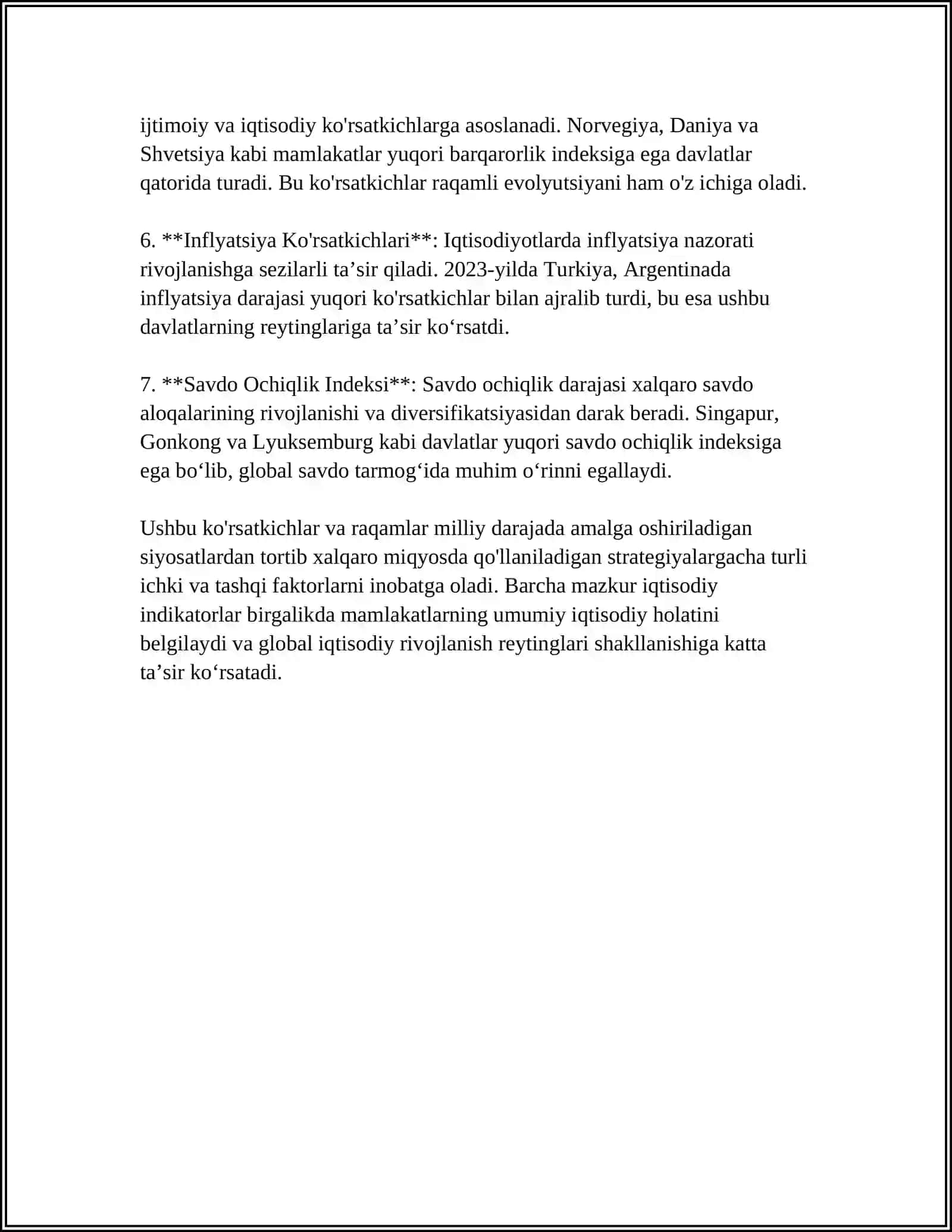 IQTISODIY VA IJTIMOIY SOHADAGI USTUVOR XALQARO REYTINGLAR VA ULARGA OʻZBEKISTONNING INTERGRATSIYALASHUVI 4