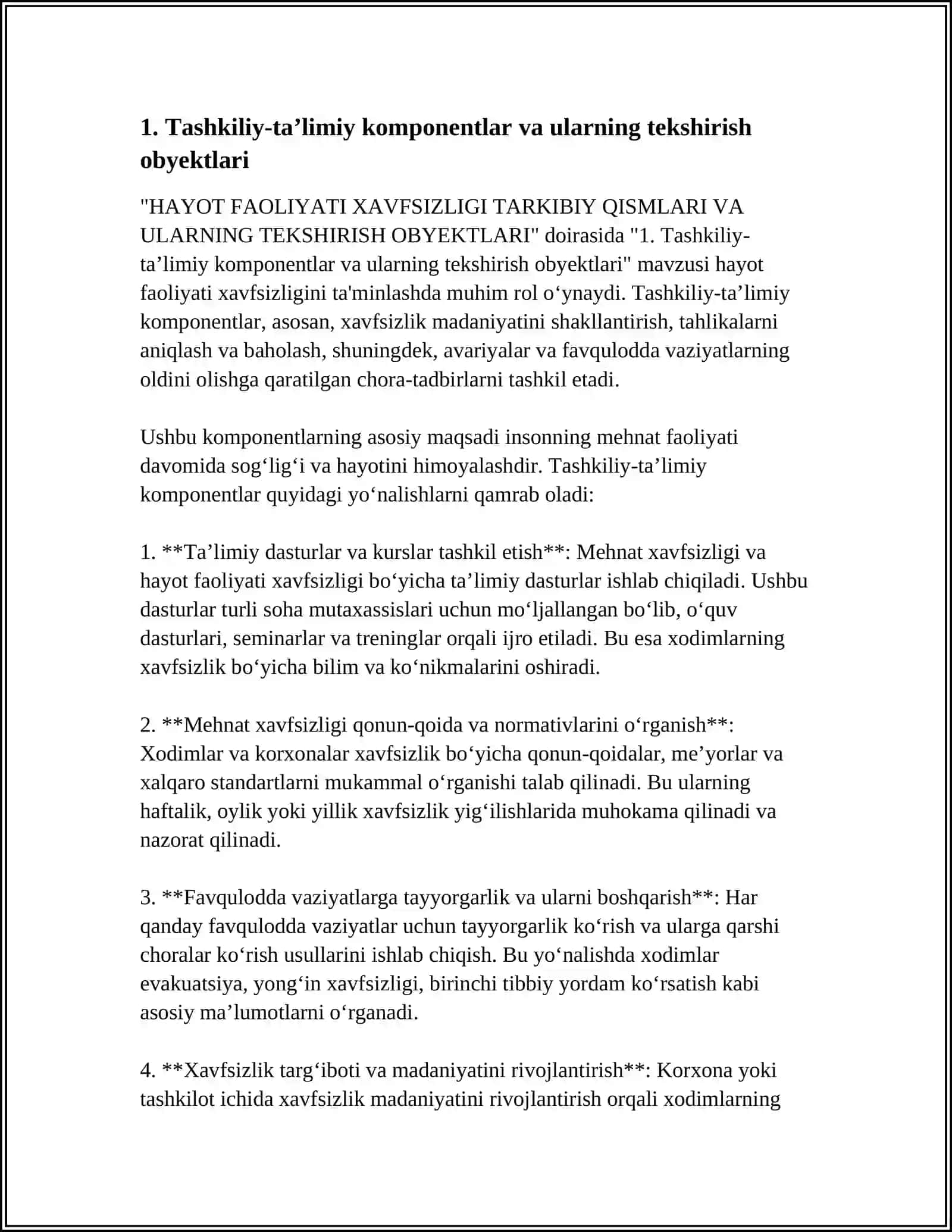 HAYOT FAOLIYATI XAVFSIZLIGI TARKIBIY QISMLARI VA ULARNING TEKSHIRISH OBYEKTlARI 4