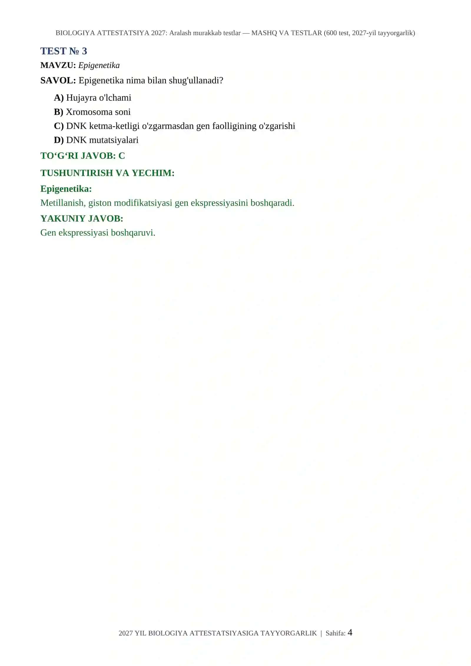 BIOLOGIYA ATTESTATSIYA 2027: Aralash murakkab testlar — MASHQ VA TESTLAR (600 test, 2027-yil tayyorgarlik) 4