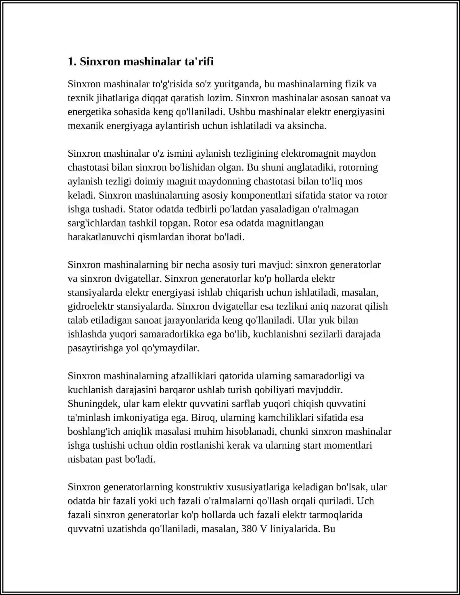 SINXRON MASHINALAR VA ULARNING TURLARI. SINXRON MASHINANING GENERATOR 4