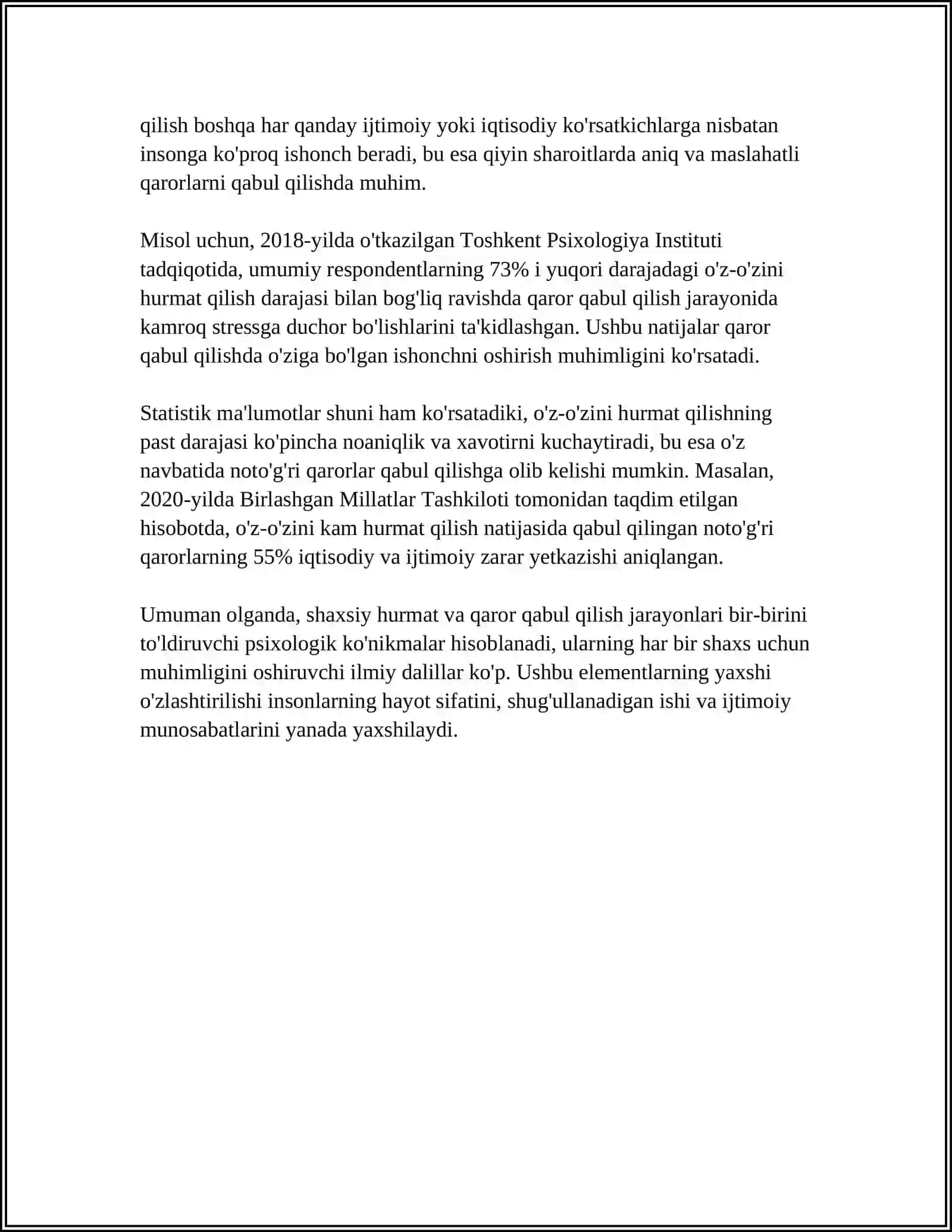 ÓZ ÓZINI HURMAT QILISHNING QAROR QABUL QILISH JARAYONIGA TAʼSIRI 4