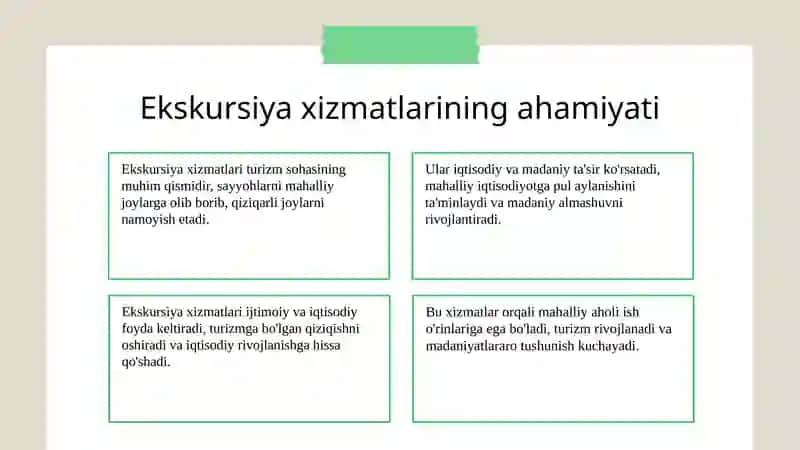 Ekskursiya xizmatlarini tashkil qilish fanining maqsadlari va vazifalari 4