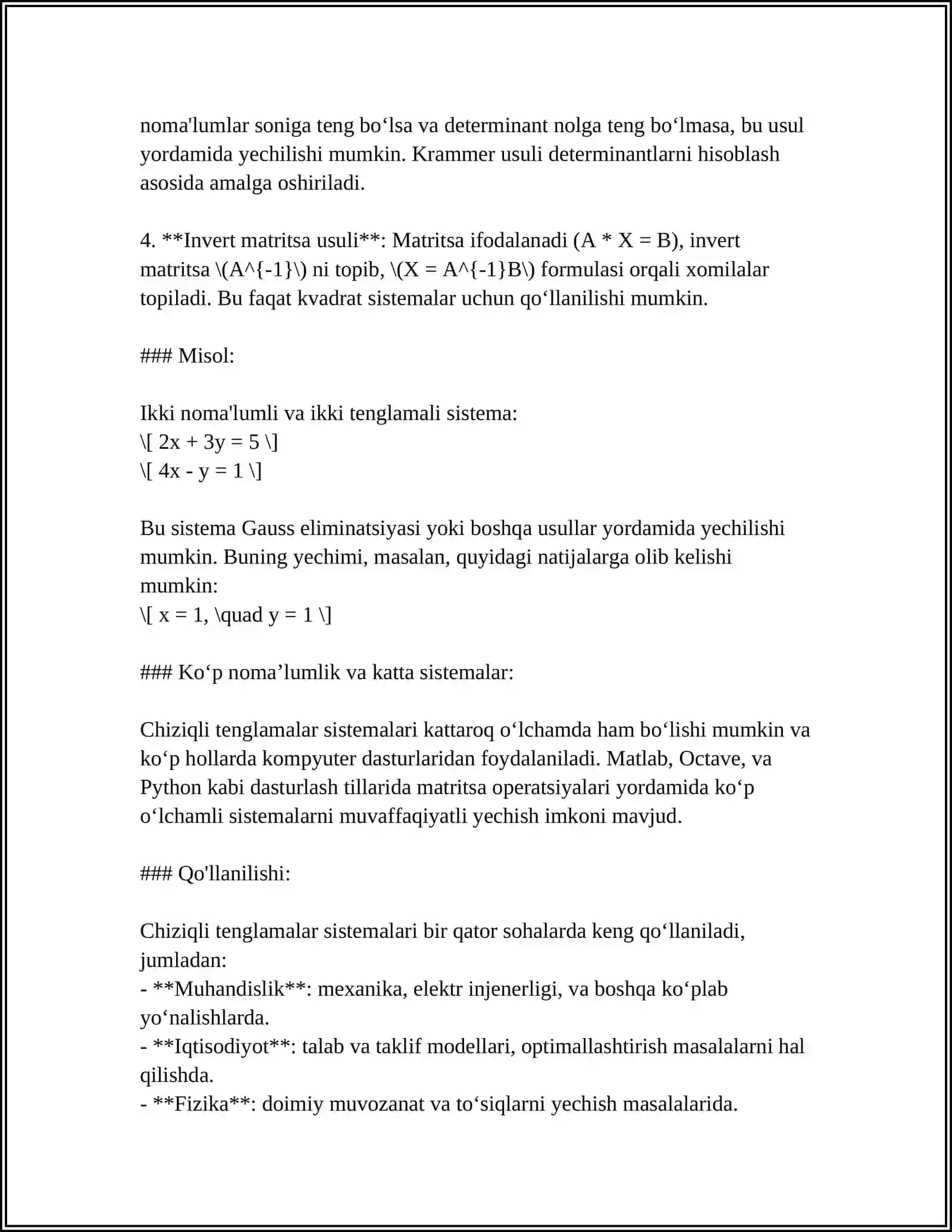 MASHINALI O'QITISH UCHUNCHIZIQLI ALGEBRA. CHZIQLI ALGEBRA MASALALARINI DASTURLASH 4