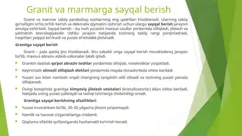 Tabiy pardozbop rangli tosh materiallari granit , marmar , granitga sayqal berish , marmarga sayqal berish granitning turlari , marmarning turlar 4