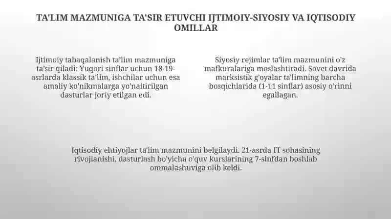 Ta'lim mazmunining belgilanishi va uning tarixiy xarakterini tahlil qiling 4